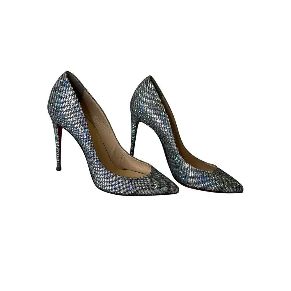 Christian Louboutin Silver Holographic Glitter Mesh Pointed Toe Pumps - 37.5